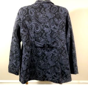 Currants women’s size large double breasted black & gray jacket belted paisley